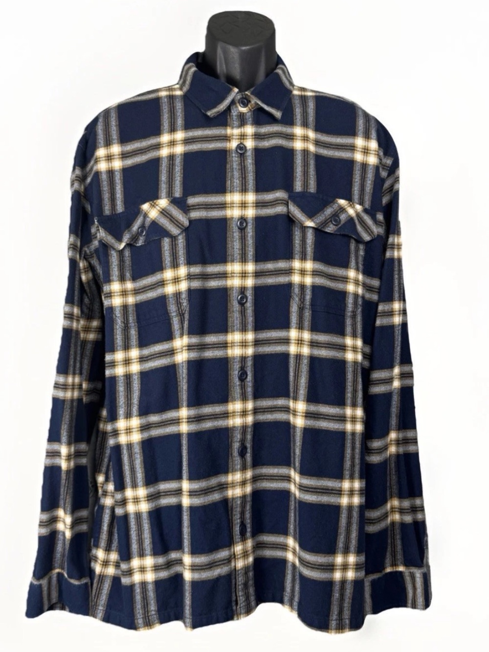 Patagonia Fjord Flannel Shirt Long Sleeve Button Up Plaid Navy Blue Gold Men XL